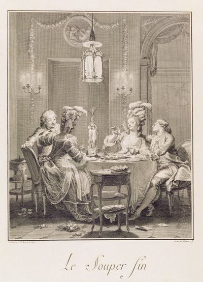 Jemná večeře, 1781, rytina I.S. Helman (1743-1809) od Jean Michel the Younger Moreau