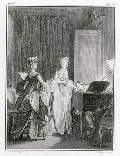 Cembalo, ilustrace z „La Nouvelle-Heloise“ od Jean-Jacquese Rousseaua (1712-78) vyrytý Noel Le Mire (1724-1800) (viz také 208105) od Jean Michel the Younger Moreau