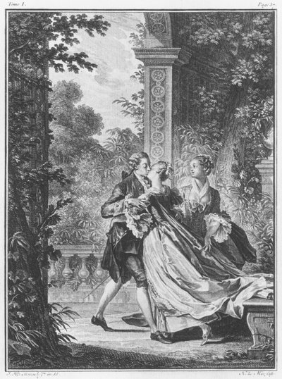 První polibek lásky, svazek I, strana 37, ilustrace z „La Nouvelle Heloise“ od Jeana-Jacquese Rousseaua (1712-78), vyrytého Noelem Le Mirem (1724-1800) od Jean Michel the Younger Moreau