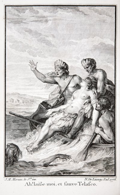 Ach! Nech mě a zachraň Telasco!, ilustrace z „Inkové nebo zkáza Peruánské říše“ od Jean-Francoise Marmontela, vyryl Nicolas Delaunay od Jean Michel the Younger (after) Moreau