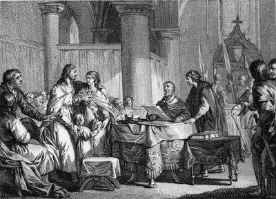 Abdikace Carlomana (asi 715-754), starosty paláce Austrasie, ve prospěch jeho bratra, Pepina III. dit Pepin le Brief (714-768), 747. Rytina Jean Michel Moreau, dit Moreau le Jeune ( 1741-1814) od Jean Michel the Younger Moreau
