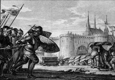 Vikingská armáda útočící na Saint Germain des Pres (Saint-Germain-des-Pres) a jeho opatství. 9. století (vláda Karla II. Lysého). Rytina Jean Michel Moreau, známý jako Moreau mladší (1741-1814) od Jean Michel the Younger Moreau