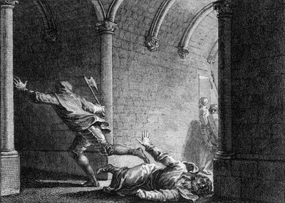 Atentát na Ebroina, starostu paláce Neustria, 681: byl zabit sekerou Hermanfroi, pánem, kterého okradl o majetek. Rytina Jean Michel Moreau, dit Moreau le Jeune (1741-1814) od Jean Michel the Younger Moreau