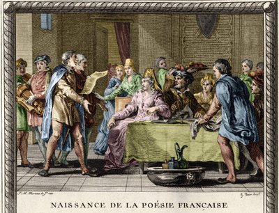 Zrození francouzské poezie: Trubadúři, následovaní kejklíři a ménétiéry, recitují první básně ve francouzštině během slavností mezi šlechtou ve 12. století. Rytina Moreau le Jeune od Jean Michel the Younger Moreau