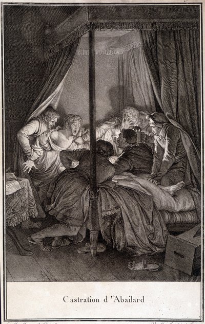 Kastrace Pierra Abélarda nebo Pierra Abailarda Francouzský filozof a teolog (1079 až 1142). rytina Moreau. od Jean Michel the Younger Moreau