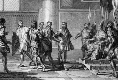 Karel (953-991), bratr krále Lothaira, vzdává hold Ottonovi (Othonovi) II. (955-983), císaři Svaté říše římské. Ten vytvořil vévodu Dolního Lotrinska (Dolní Lotharingie) a jmenoval Karla vévodu Dolního Lotharingie, 977. Rytina od Jean Michel the Younger Moreau