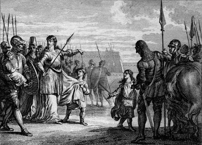 Charles Martel poslán do vězení, 714: Plectrude (asi 650-717), vdova po Pepinu de Herstal, poslala mladého Charlese Martela (688-741) do vězení, aby ho zbavila moci. Rytina Jean Michel Moreau, dit Moreau le Jeune (1741-1814) od Jean Michel the Younger Moreau