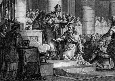 Korunovace Karla Velikého, 25. prosince 800: Král franků (747-814) je vysvěcen na císaře Západu papežem Leonem III. (750-816) v kostele svatého Petra v Římě. Rytina Jean Michel Moreau, dit Moreau le Jeune (1741-1814) od Jean Michel the Younger Moreau
