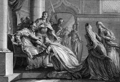 Emma Francouzská (894-934), sestra Huguese Velikého (897-956), padá na nohy. Mariee má Raoula Burgundského (neboli Rodolpha, 890-936), rozhodla se na žádost svého bratra darovat korunu Francie svému manželovi a prohlásila: „Lepší ji polibte od Jean Michel the Younger Moreau