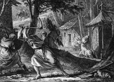 Poustevníci žijící v komunitě ve francouzském lese, konec 11.-začátek 12. století. Rytina Jean Michel Moreau, dit Moreau le Jeune (1741-1814) od Jean Michel the Younger Moreau