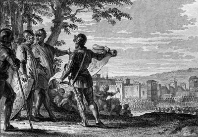 Král Ludvík III. (863-882) a Carloman II. (867-884) obléhali město Vídeň, 883. Rytina Jean Michel Moreau, dit Moreau le Jeune (1741- 1814) od Jean Michel the Younger Moreau