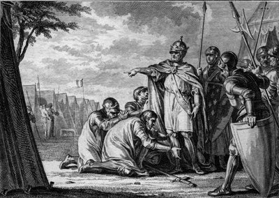 Ludvík I. Pobožný neboli Debonnaire (778-840) odpouští svému synovi Lothaireovi (795-855), který padl na nohy. 834. Rytina Jean Michel Moreau, dit Moreau le Jeune (1741- 1814) od Jean Michel the Younger Moreau