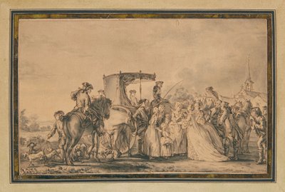 Marie Antoinetta, vystupující z kočáru a obklopená svým doprovodem, utěšující rolníka, 1773 od Jean Michel the Younger Moreau