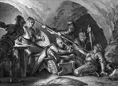 Setkání Akvitánského vévodství ke koruně: Zavraždění Waifrea (nebo Gaifiera), vévody Akvitánského (767 nebo 768). Rytina od Romaneta podle Moreau le jeune (1779). od Jean Michel the Younger Moreau