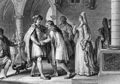 Filip I. (1052-1108), král franků, navštěvující dvůr hraběte z Anjou, Foulques le Rechin (1042-1109). Tato cesta je záminkou pro domluvení jeho sňatku s Bertrade de Montfort (kolem 1070-1118), manželkou hraběte. 1095. Rytina Jean Mich od Jean Michel the Younger Moreau