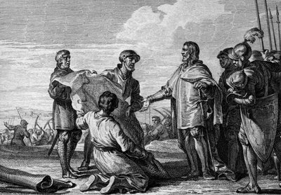 Projekt kanálu mezi Rýnem a Dunajem, 793: Karel Veliký (747-814) na návštěvě místa kanálu spojujícího Severní moře s Černým mořem. Rytina Jean Michel Moreau, dit Moreau le Jeune (1741-1814) od Jean Michel the Younger Moreau