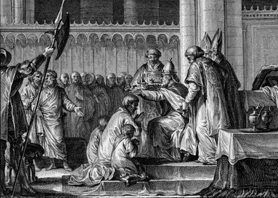 Svatý Pepin The Brief (714-768), bazilika Saint Denis, 28. července 754: Papež Štěpán II. ho vysvětil králem Franků a Patricea Římanů (Patricius Romanorum). Po jeho boku jeho dva synové, Carloman a Charles (budoucí Karel Veliký). Rytina od Jean Michel the Younger Moreau
