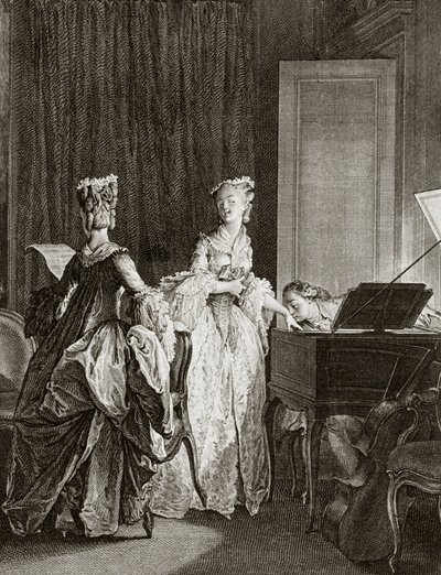 Saint Preux a Claire u cembala v „Julie ou la nouvelle Heloise““ od švýcarského filozofa Jean Jacques (Jean-Jacques) Rousseau (1712-1778) - rytina Moreau le jeune, Jean Michel (1741-1814) (Saint14 -Preuxi, usadí se u cembala, polib od Jean Michel the Younger Moreau