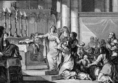 Sainte Bathilde (neboli Batilde, Bathylle, Beaudour) (626-680), královna franků a vdova po Clovisovi II., se rozhodla vzít závoj v klášteře Chelles v roce 665. Jeho poddaní se ho snaží zastavit. Rytina Jean Michel Moreau, dit Moreau le Jeune (1741-1 od Jean Michel the Younger Moreau