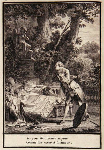 „Její oči jsou zavřené do dne, když její srdce má lásku“, ilustrace z „Choix de Chansons“ od Laborde od Jean Michel the Younger Moreau