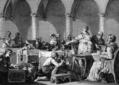 Sdílení Tresorů Dagoberta I. (602/605-638), krále franků, po jeho smrti pod kontrolou dvou starostů paláce Pepin v Landenu a Aega. Rytina Jean Michel Moreau, dit Moreau le Jeune (1741-1814) od Jean Michel the Younger Moreau