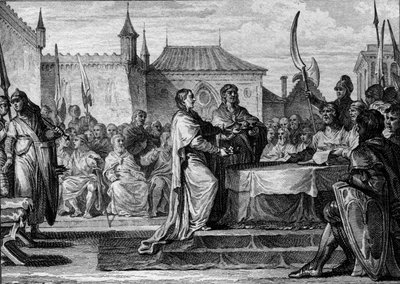 Posloupnost Pepina Krátkého, 768: Shromáždění se rozhodlo rozdělit království mezi jeho dva syny, Karla Velikého (747-814) a Carlomana (asi 751-771), čímž byla zrušena opatření učiněná Pepinem Briefem. Rytina Jean Michel Moreau, dit Moreau l od Jean Michel the Younger Moreau