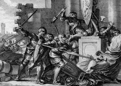 Válka proti Sasům, 772: zničení chrámu a modly Irmensulu, paianského božstva Sasů, armádou Karla Velikého. Ehresburg, Německo. Rytina Jean Michel Moreau, dit Moreau le Jeune (1741-1814) od Jean Michel the Younger Moreau