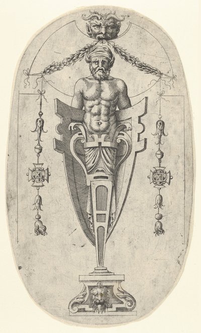 Mužská koncová postava, torzo s plnovousem a turbanem na polovičním podstavci uzavřeném ..., ca. 1543. od Jean Mignon