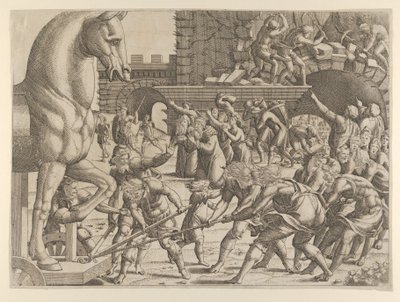 Trojané přinášejí dřevěného koně do svého města, 1535-55. od Jean Mignon