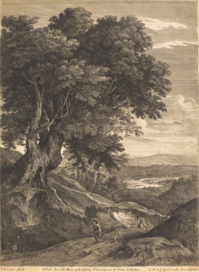 Kopcovitá krajina s pěšími cestovateli od Jean Morin, after Jacques Fouquières