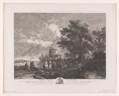Lovecká skupina v krajině s mostem Petite Partie de Chasse (název na objektu) Tisky po obrazech od Philipse Wouwermana (název série) Oeuvres de Ph.pe Wouwermans Hollandois (název série) od Jean Moyreau