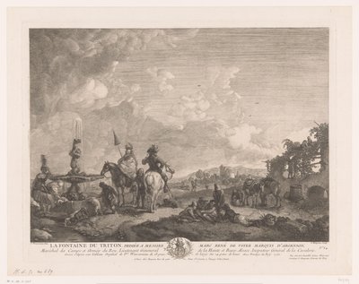 Krajina s postavami u fontány La Fontaine du Triton (název na objektu) Tisky po obrazech od Philipse Wouwermana (název série) Oeuvres de Ph.pe Wouwermans Hollandois (název série) od Jean Moyreau