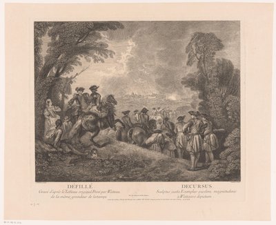 Průvod s vojáky na cestě do města Défillé - Decursus (název na objektu) Díla Antoina Watteaua (název série) Dílo Antoine Watteau, peintre du roy en son Academie roïale de peinture et sculpture (...) (název série) od Jean Moyreau