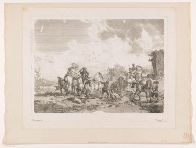 Odpočinková lovecká párty u fontány La Fontaine de Venus Tisky po obrazech od Philipse Wouwermana (název série) Oeuvres de Ph.pe Wouwermans Hollandois (název série) od Jean Moyreau