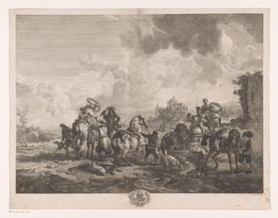 Odpočinková lovecká párty u fontány La Fontaine de Venus Tisky po obrazech od Philipse Wouwermana (název série) Oeuvres de Ph.pe Wouwermans Hollandois (název série) od Jean Moyreau