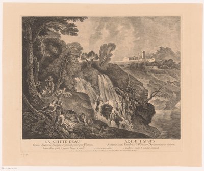 Rustende figuren bij een waterval Vodopád - Aquae Lapsus (název na objektu) Dílo Antoine Watteau (název série) Dílo Antoina Watteaua, malíře krále v jeho Královské akademii malířství a sochařství (...) (název série) od Jean Moyreau