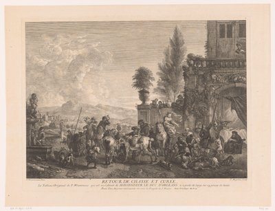 Vracející se lovecká skupina Vraťte chasse et curée (název na předmětu) Tisky po obrazech od Philipse Wouwermana (název série) Oeuvres de Ph.pe Wouwermans Hollandois (název série) od Jean Moyreau