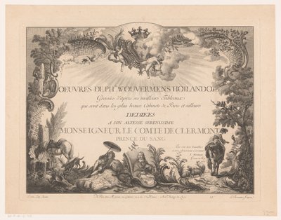 Titulní tisk s postavami a zvířaty v krajině s portrétem Philipse Wouwermana Tisky po obrazech od Philipse Wouwermana (název série) Oeuvres de Ph.pe Wouwermans Hollandois (název série na objektu) od Jean Moyreau