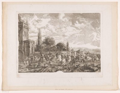 Odjíždějící lovecká skupina pro dům Partie de Chasse pour le Vol Tisky po obrazech od Philipse Wouwermana (název série) Oeuvres de Ph.pe Wouwermans Hollandois (název série) od Jean Moyreau