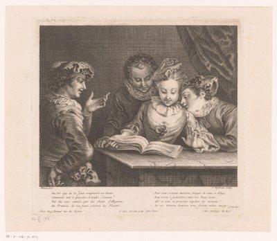 Mladá žena zpívá a tři mladí muži u stolu Autor: Antoine Watteau (název série) L