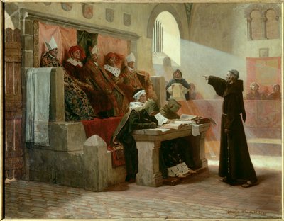Albigeoská inkvizice: „Agitátor Languedoca Bernarda Delicieuxe (1260-1318), františkánského mnicha během jeho procesu. Scéna soudu: v první řadě uprostřed, čelem k Bernardu Delicieuxovi, je velký inkvizitor obklopen dvěma řeholníky, za od Jean Paul Laurens