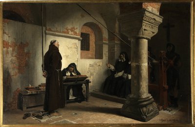 Bernard Delicieux (1260-1319) před tribunálem inkvizice - Obraz Jean Paul (Jean-Paul) Laurens (1838-1921), olej na plátně, kolem 1881, 79x121 cm - (Bernard Delicieux před inkvizičním tribunálem, O plátno Jean Paul Laurens) - Sta od Jean Paul Laurens