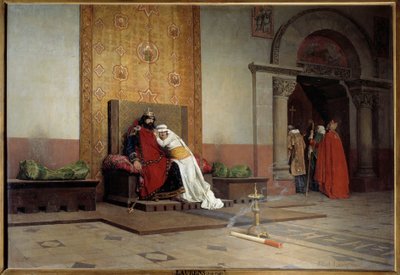 Exkomunikace Roberta II. Pobožného v roce 998. Francouzský král, syn Huguese Capeta, se zamiluje a ožení se se svou sestřenicí Berthe Burgundskou navzdory odsouzení papeže Gregoire V., který ho také exkomunikuje. Obraz Jean Paul Laurens (1838 - 19 od Jean Paul Laurens
