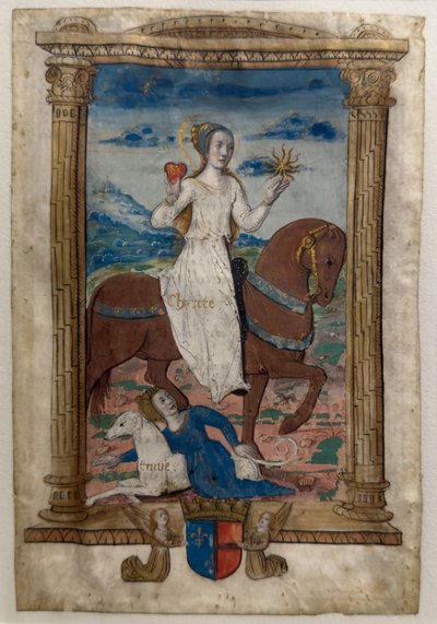 Charita a závist. Les rondeaux des vertus, po roce 1515 (Malovaný a iluminovaný pergamen) od Jean Pichore