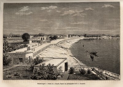 Chandernagor (dnešní Chandannagar, v Západním Bengálsku), na břehu Gangy, rytina podle kresby J. Moyneta, ilustrující cestu Rajahů v Indii, v letech 1864-1868, Louis Rousselet, publikováno v „“ Le tour du monde”” 1874, vyd od Jean Pierre Moynet