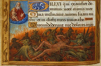 Kniha hodin, detail: Ponory mučené démony a sledované duší Lazara, c. 1500 od Jean Poyet