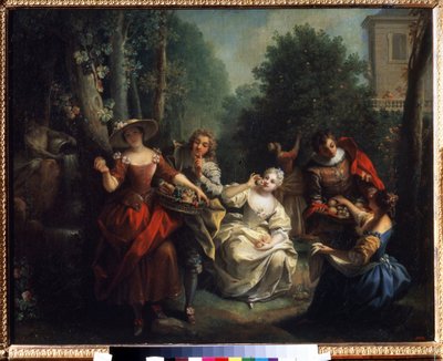 Pět smyslů: "Le gout"" (Chuť) mladí lidé aristokracie ochutnávají ovoce. Obraz Jean Raoux (1677-1734) 1725-1735 Puškinovo muzeum, Moskva od Jean Raoux