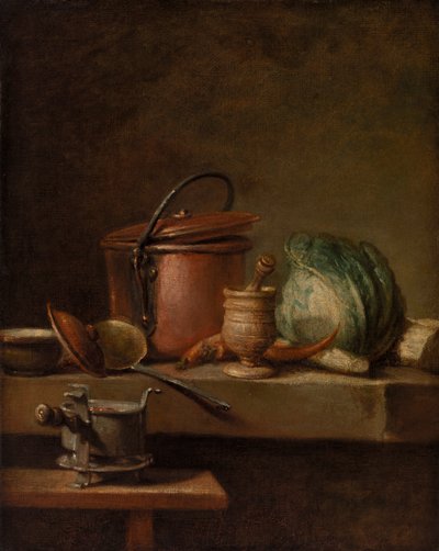 Zátiší s měděným hrncem, zelím, paličkou a sporákem od Jean Baptiste Simeon Chardin