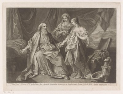 Sara stelt Hagar voor aan Abraham A manželka Sarai Abrams vzala Hager svou služebnou Egypťana a dala ji svému manželovi Abramovi, aby se stal jeho manželkou (titul na předmět) od Jean Simon