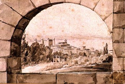 Pohled na město a jezero Bracciano, kolem roku 1810 (pero a sépiový inkoust se sépiovým mytím na papíře) od Jean Thomas Thibault
